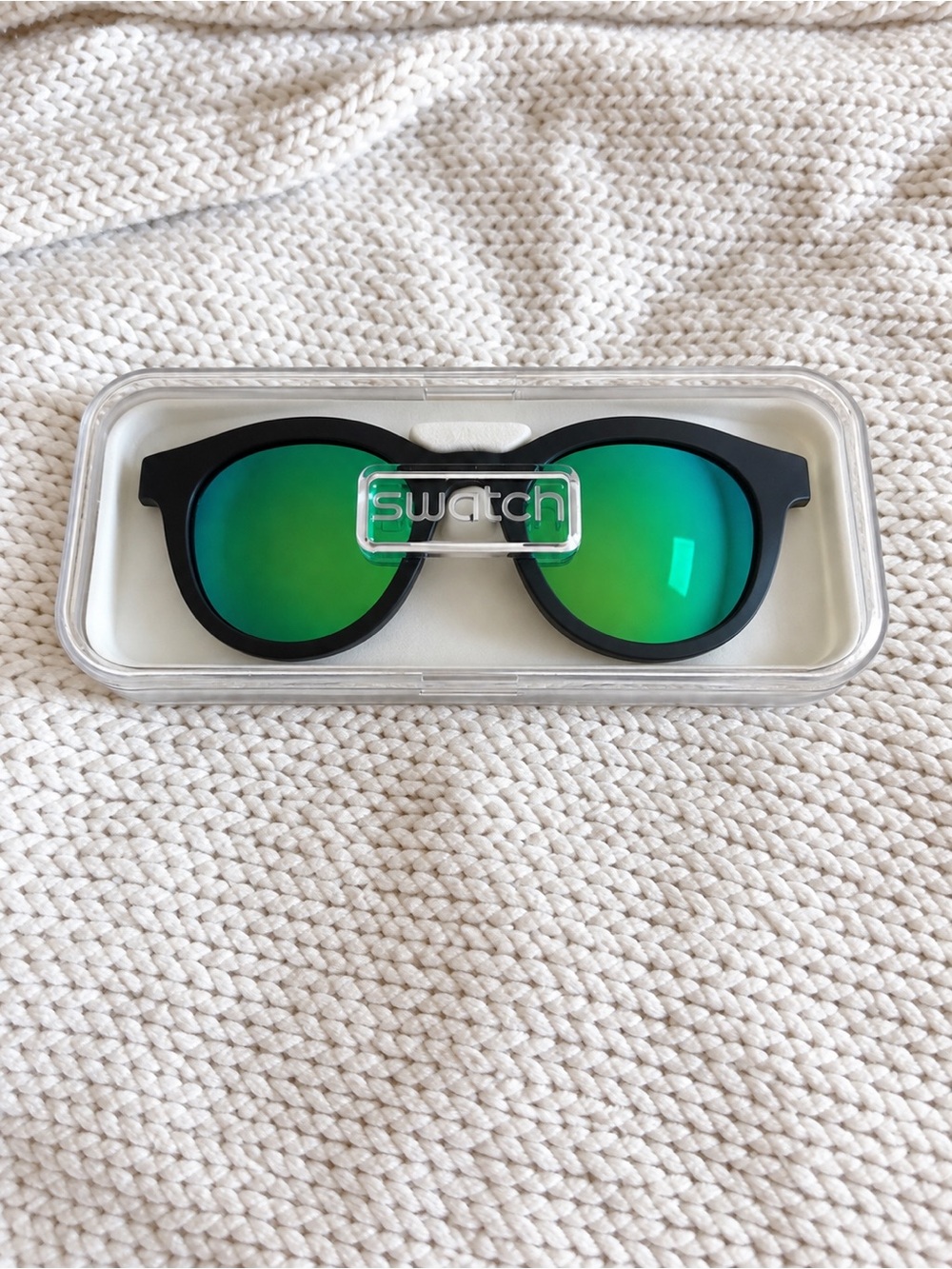 Swatch Black Frame Sunglasses with Green Mirrored Lenses